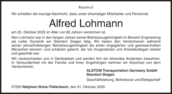 Traueranzeige von Alfred Lohmann von Siegener Zeitung
