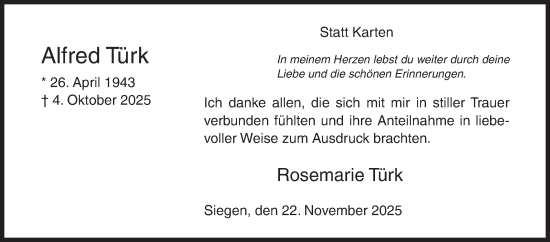 Traueranzeige von Alfred Türk von Siegener Zeitung