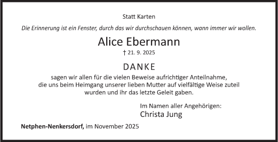 Traueranzeige von Alice Ebermann von Siegener Zeitung