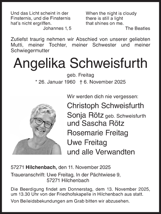 Traueranzeige von Angelika Schweisfurth von Siegener Zeitung