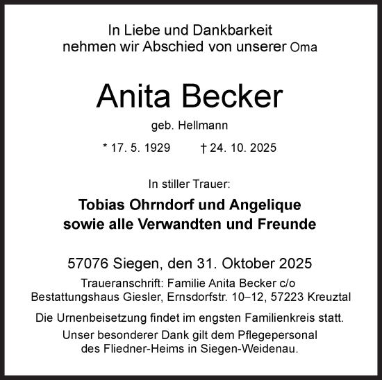 Traueranzeige von Anita Becker von Siegener Zeitung