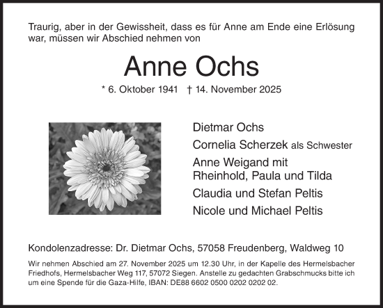 Traueranzeige von Anne Ochs von Siegener Zeitung