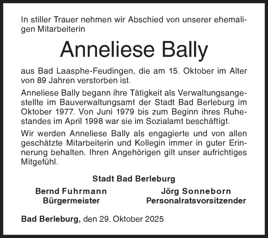 Traueranzeige von Anneliese Bally von Siegener Zeitung