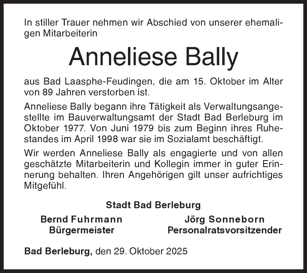  Traueranzeige für Anneliese Bally vom 29.10.2025 aus Siegener Zeitung