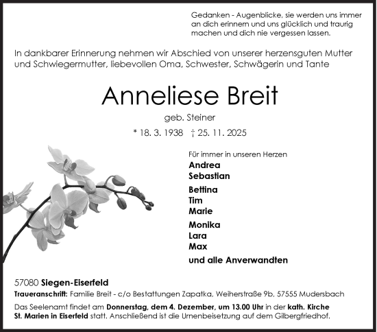 Traueranzeige von Anneliese Breit von Siegener Zeitung