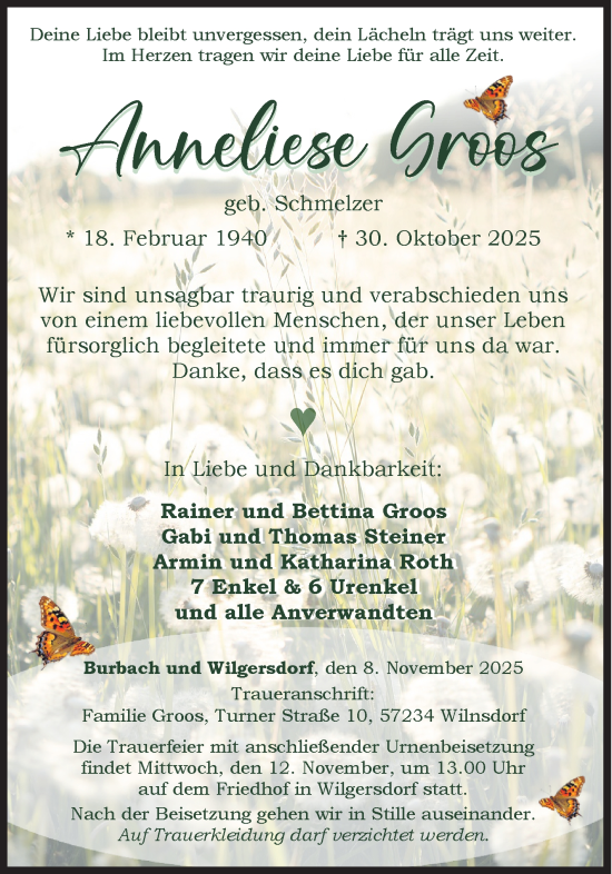 Traueranzeige von Anneliese Groos von Siegener Zeitung