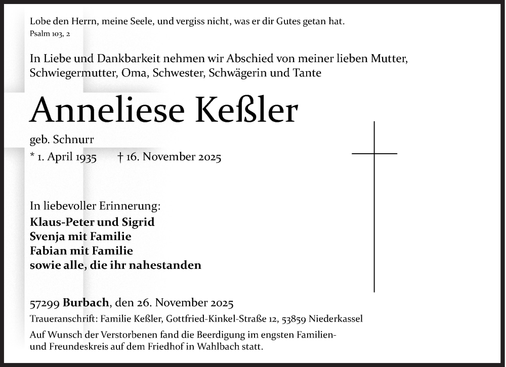  Traueranzeige für Anneliese Keßler vom 26.11.2025 aus Siegener Zeitung