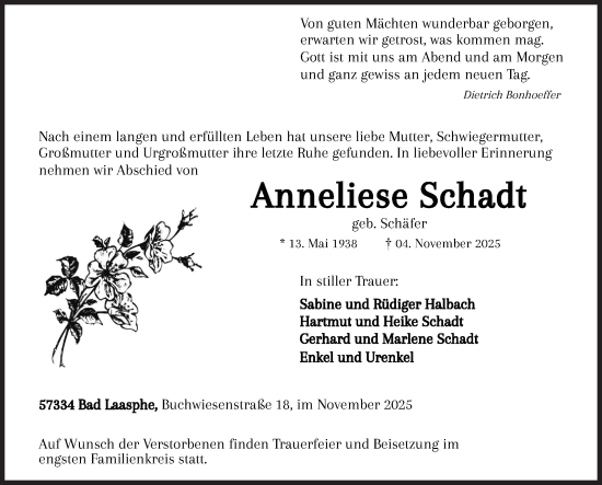 Traueranzeige von Anneliese Schadt von Siegener Zeitung