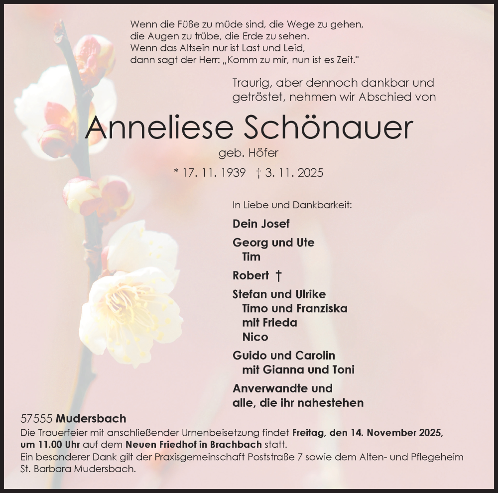  Traueranzeige für Anneliese Schönauer vom 08.11.2025 aus Siegener Zeitung