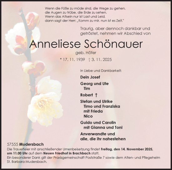 Traueranzeige von Anneliese Schönauer von Siegener Zeitung