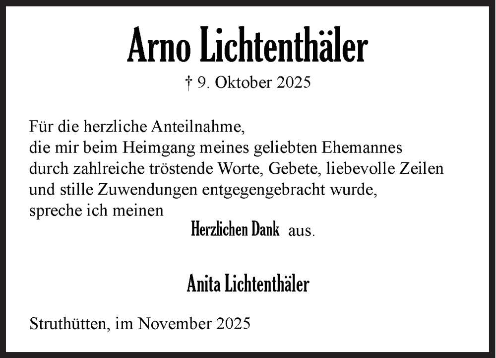  Traueranzeige für Arno Lichtenthäler vom 29.11.2025 aus Siegener Zeitung
