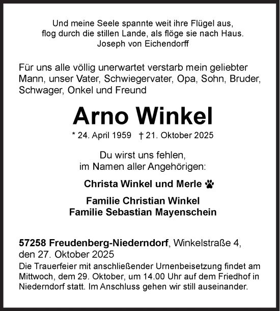 Traueranzeige von Arno Winkel von Siegener Zeitung