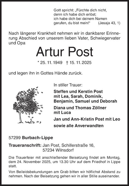 Traueranzeige von Artur Post von Siegener Zeitung