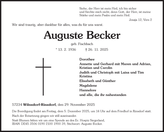 Traueranzeige von Auguste Becker von Siegener Zeitung