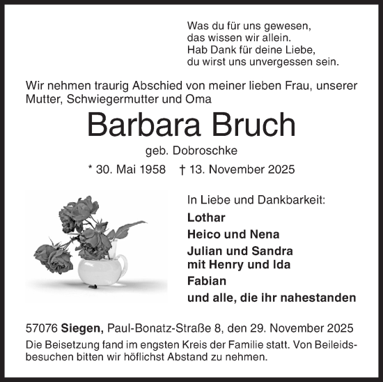 Traueranzeige von Barbara Bruch von Siegener Zeitung