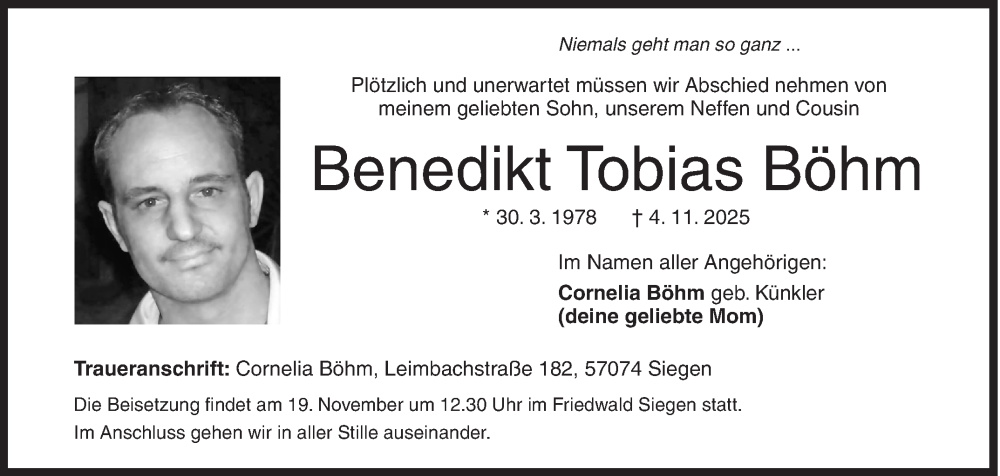  Traueranzeige für Benedikt Tobias Böhm vom 15.11.2025 aus Siegener Zeitung