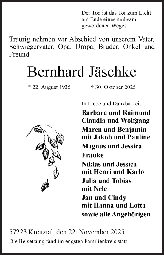 Traueranzeige von Bernhard Jäschke von Siegener Zeitung