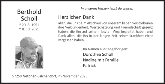 Traueranzeige von Berthold Scholl von Siegener Zeitung