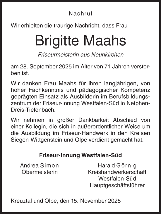 Traueranzeige von Brigitte Maahs von Siegener Zeitung