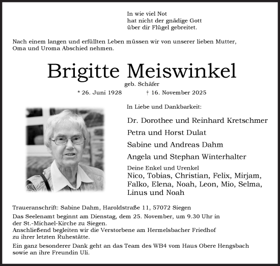 Traueranzeige von Brigitte Meiswinkel von Siegener Zeitung