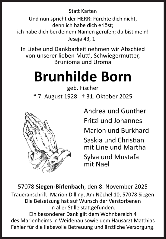 Traueranzeige von Brunhilde Born von Siegener Zeitung