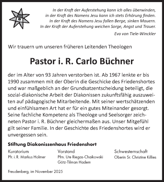 Traueranzeige von Carlo Büchner von Siegener Zeitung