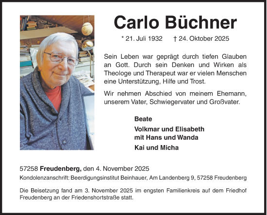 Traueranzeige von Carlo Büchner von Siegener Zeitung