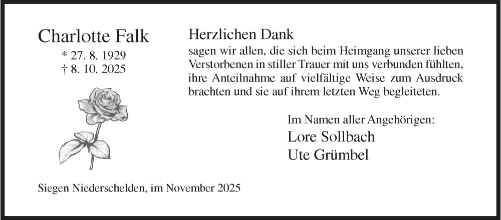  Traueranzeige für Charlotte Falk vom 22.11.2025 aus Siegener Zeitung