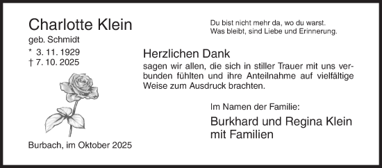 Traueranzeige von Charlotte Klein von Siegener Zeitung