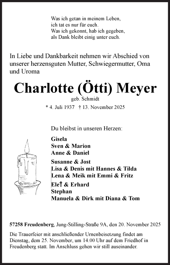 Traueranzeige von Charlotte Meyer von Siegener Zeitung