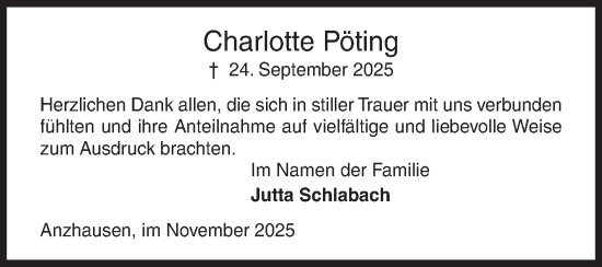 Traueranzeige von Charlotte Pöting von Siegener Zeitung