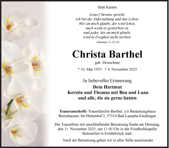 Traueranzeige von Christa Barthel von Siegener Zeitung