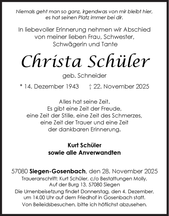 Traueranzeige von Christa Schüler von Siegener Zeitung