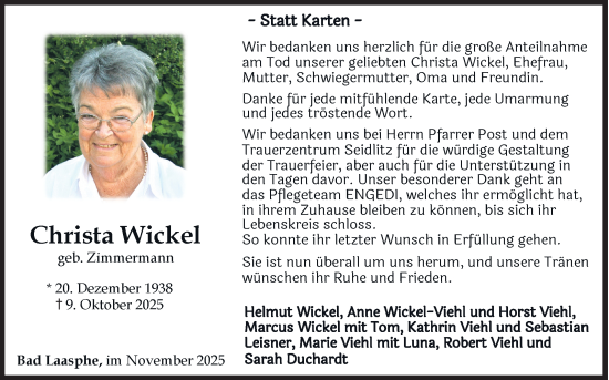 Traueranzeige von Christa Wickel von Siegener Zeitung