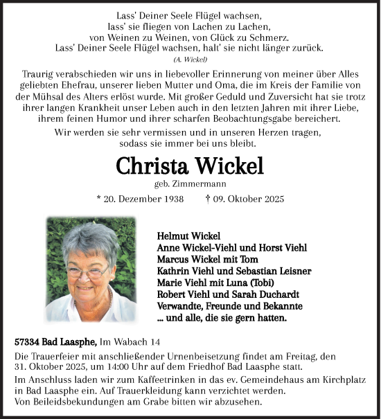 Traueranzeige von Christa Wickel von Siegener Zeitung
