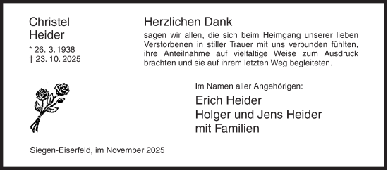 Traueranzeige von Christel Heider von Siegener Zeitung