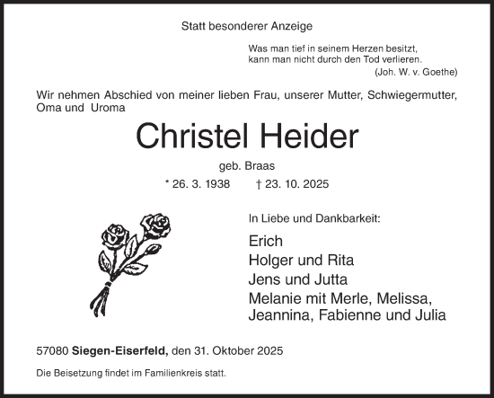 Traueranzeige von Christel Heider von Siegener Zeitung