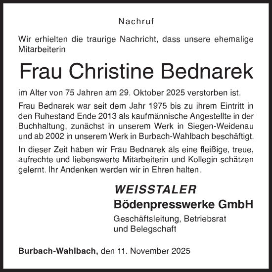 Traueranzeige von Christine Bednarek von Siegener Zeitung