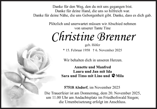 Traueranzeige von Christine Brenner von Siegener Zeitung