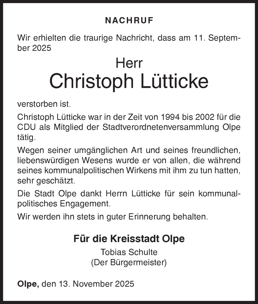  Traueranzeige für Christoph Lütticke vom 15.11.2025 aus Siegener Zeitung
