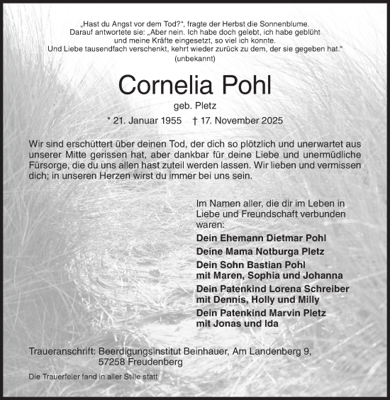 Traueranzeige von Cornelia Pohl von Siegener Zeitung