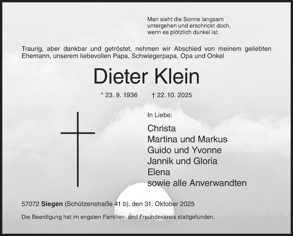  Traueranzeige für Dieter Klein vom 31.10.2025 aus Siegener Zeitung