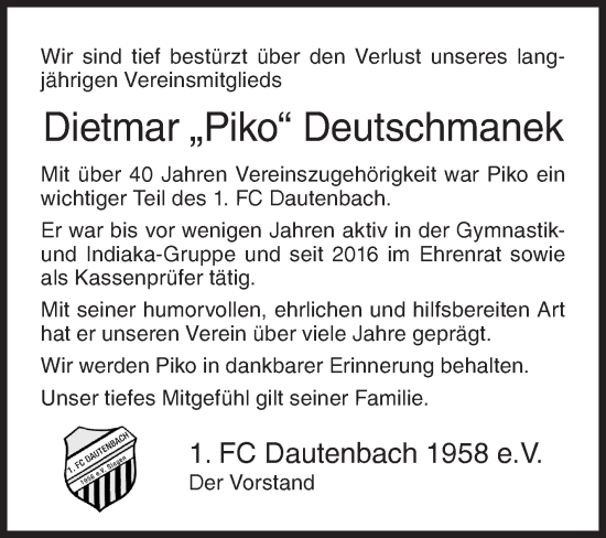Traueranzeige von Dietmar Deutschmanek von Siegener Zeitung