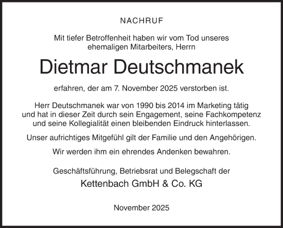Traueranzeige von Dietmar Deutschmanek von Siegener Zeitung