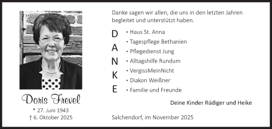 Traueranzeige von Doris Frevel von Siegener Zeitung