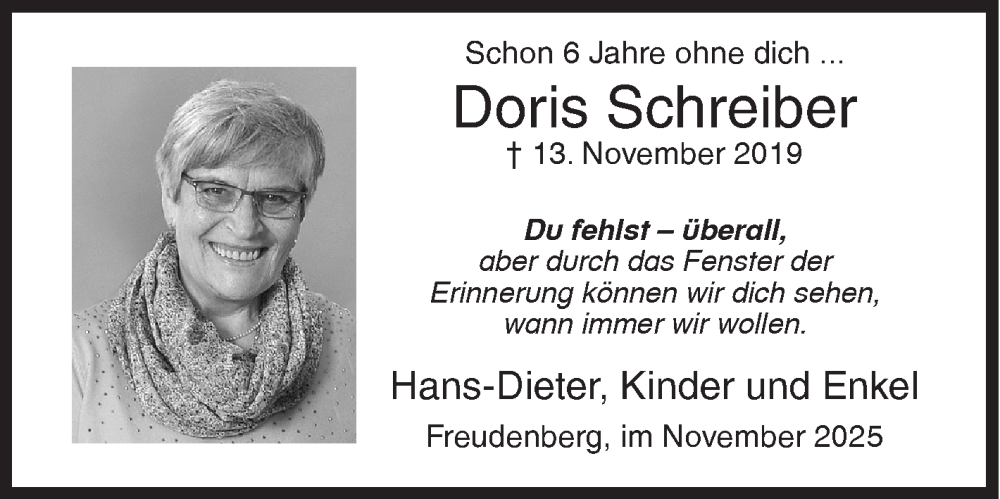  Traueranzeige für Doris Schreiber vom 13.11.2025 aus Siegener Zeitung
