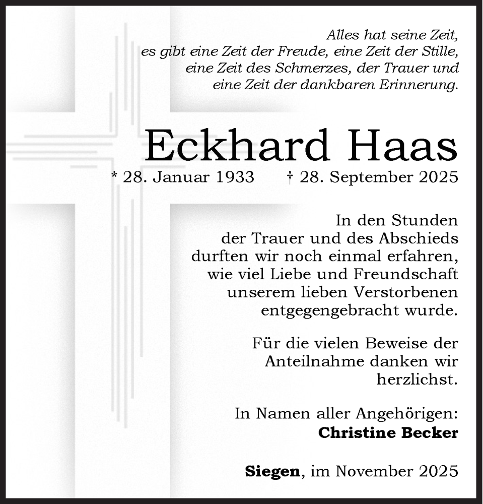  Traueranzeige für Eckhard Haas vom 08.11.2025 aus Siegener Zeitung