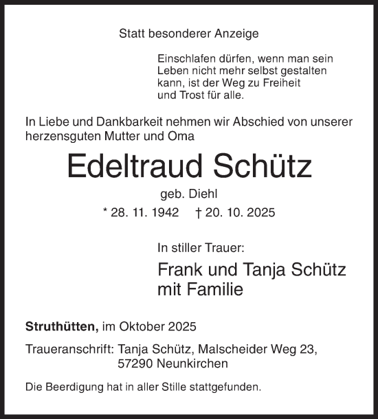 Traueranzeige von Edeltraud Schütz von Siegener Zeitung