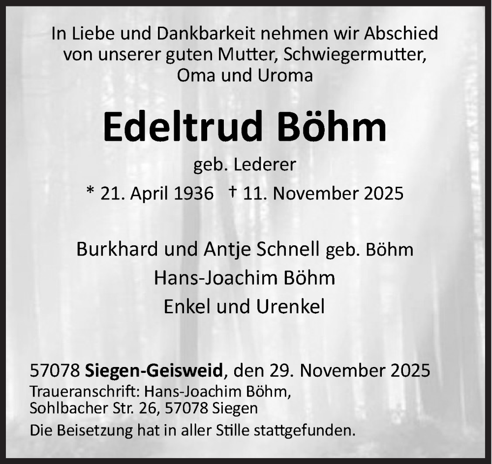  Traueranzeige für Edeltrud Böhm vom 29.11.2025 aus Siegener Zeitung