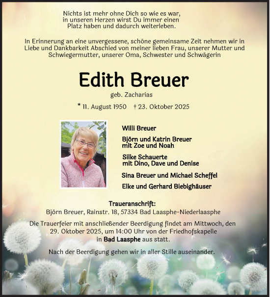 Traueranzeige von Edith Breuer von Siegener Zeitung